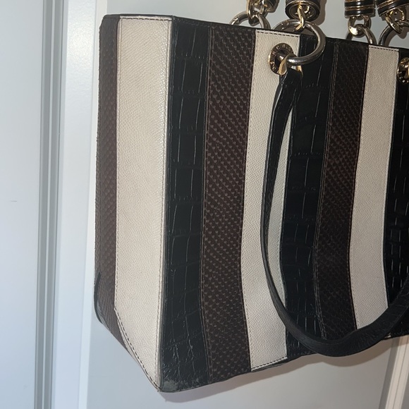 Henri Bendel multi textured striped satchel with chain link accents - Picture 7 of 16